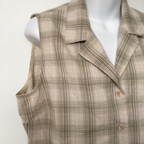 Vtg 2 Piece Set M Beige & Green Plaid Check - Picture 2 of 10